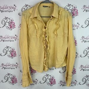 Per Una button up ruffles long sleeve flare sleeve Mustard Ruffled Blouse